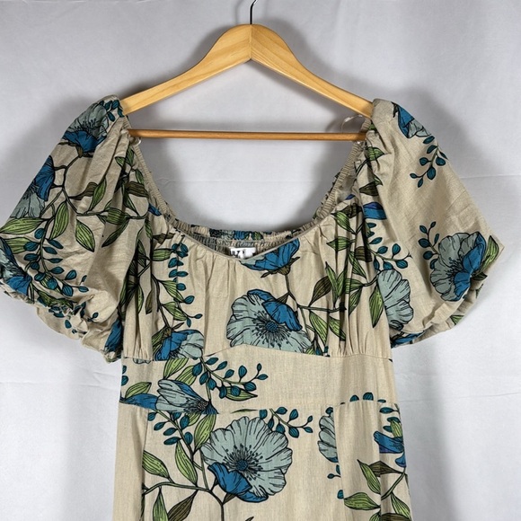 Tulip Creations Cream Floral Print Puff Sleeve Scoop Neck A-Line Midi Dress Lg - Picture 2 of 12